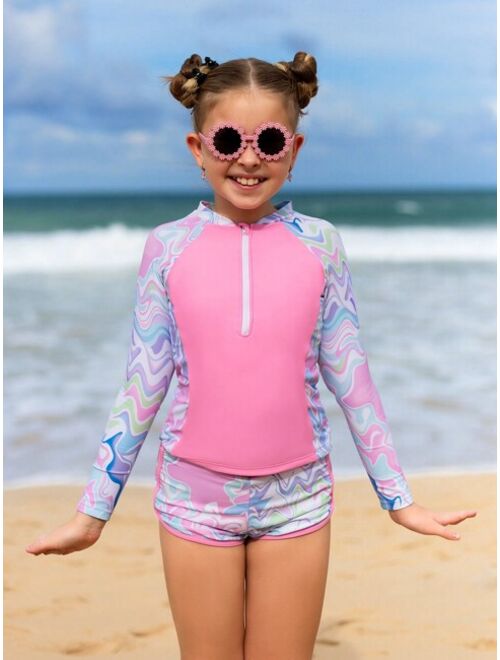 Shein Girls Wave Striped Zipper Front Tankini Swimsuit