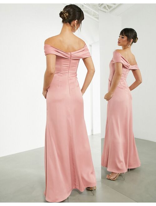 ASOS EDITION satin bardot drape wrap maxi dress in dusky rose