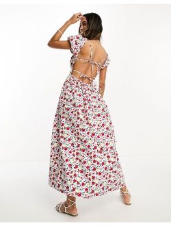 milkmaid ruched bust midi dress with open tie back in bright floral print