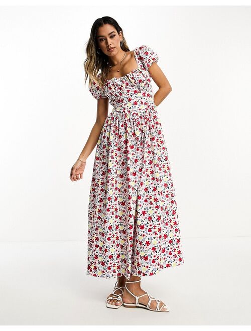 ASOS DESIGN milkmaid ruched bust midi dress with open tie back in bright floral print