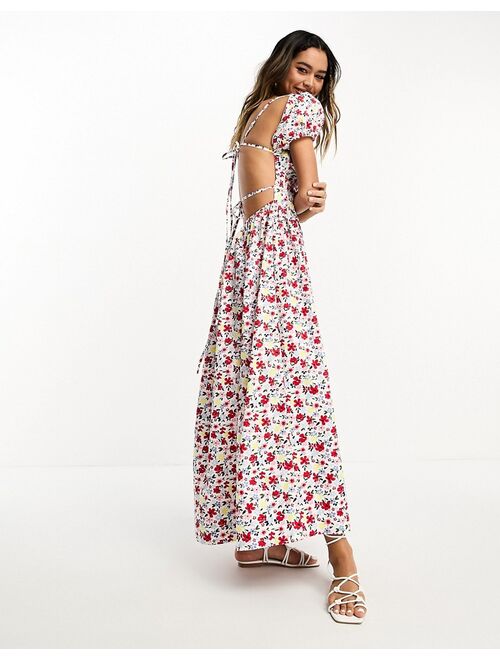 ASOS DESIGN milkmaid ruched bust midi dress with open tie back in bright floral print