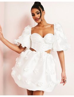 ASOS LUXE sweetheart corsetted puff sleeve mini dress with 3d flowers in white