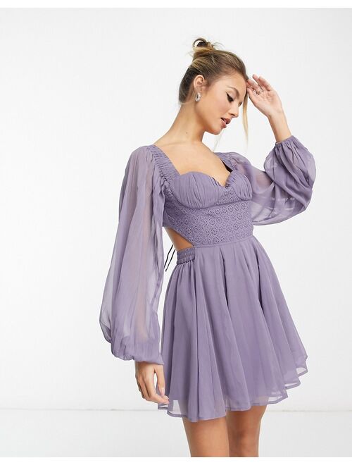 ASOS DESIGN mini dress with corset lace detail and blouson sleeves in dusky blue