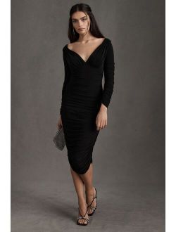Tara Long-Sleeve Deep-V Ruched Midi Dress