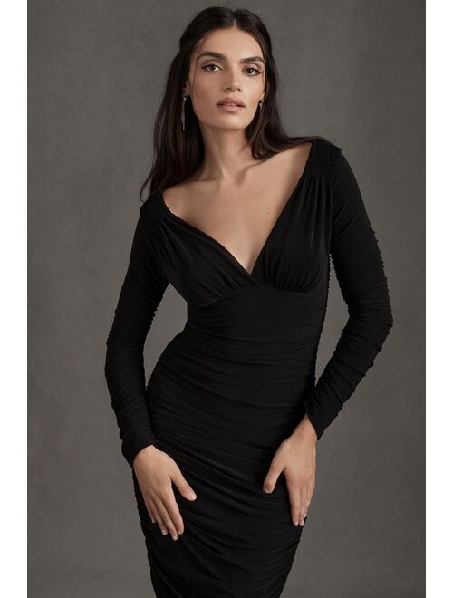 Norma Kamali Tara Long-Sleeve Deep-V Ruched Midi Dress