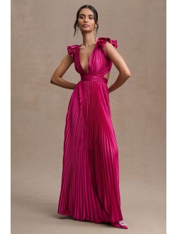 Pleated Flutter-Sleeve Deep-V Lace-Up Gown