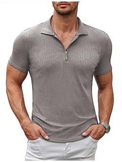 Men's Muscle T Shirts Stretch Short Sleeve Slim Fit Polo Shirts Bodybuilding Work Out Tee Shirts