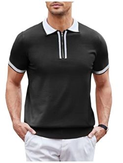 Men Zipper Polo Shirt Casual Knitted Short Sleeve Polo T Shirt Retro Golf Summer Polo