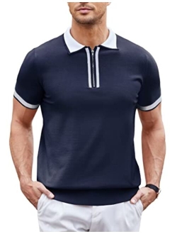 Men Zipper Polo Shirt Casual Knitted Short Sleeve Polo T Shirt Retro Golf Summer Polo