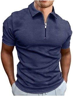 Men's Zipper Polo Shirts Waffle Knit Polo T Shirts Short Sleeve Casual Slim Fit Knitted Golf Shirt