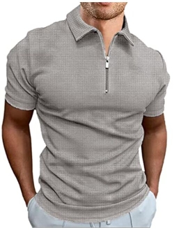 Men's Zipper Polo Shirts Waffle Knit Polo T Shirts Short Sleeve Casual Slim Fit Knitted Golf Shirt