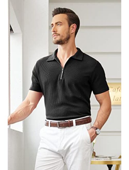COOFANDY Men's Zipper Polo Shirts Waffle Knit Polo T Shirts Short Sleeve Casual Slim Fit Knitted Golf Shirt