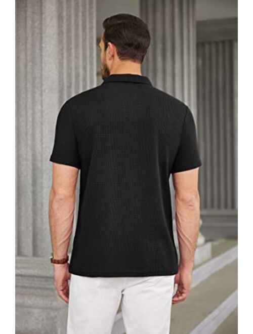 COOFANDY Men's Zipper Polo Shirts Waffle Knit Polo T Shirts Short Sleeve Casual Slim Fit Knitted Golf Shirt