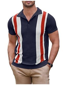 Men's Knit Polo Shirt Short Sleeve Vintage Striped Golf Shirt