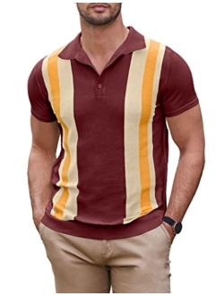 Men's Knit Polo Shirt Short Sleeve Vintage Striped Golf Shirt