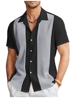 Men's Vintage Bowling Shirt Short Sleeve Button Down Summer Cuba Beach Shirts