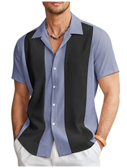 Men's Vintage Bowling Shirt Short Sleeve Button Down Summer Cuba Beach Shirts