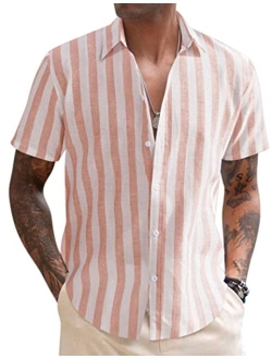 Men's Linen Casual Short Sleeve Shirts Button Down Summer Beach Shirt