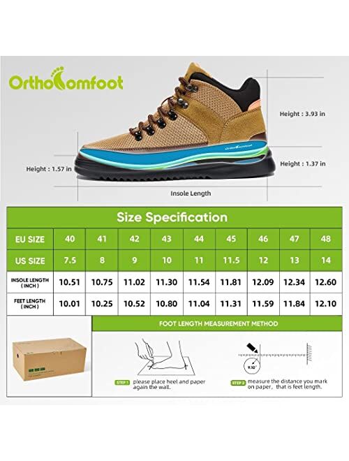 OrthoComfoot Men's Hiking Boots with Arch Support, Water Resistant Outdoor Walking Shoes, Plantar Fasciitis Orthopedic Sneakers