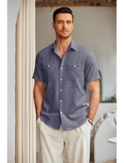 Men's Linen Shirts Beach Casual Button Down Short Sleeve Shirt Summer