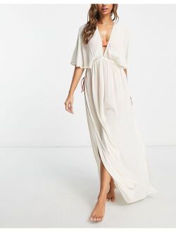 plunge crinkle maxi cover up with slits in natural