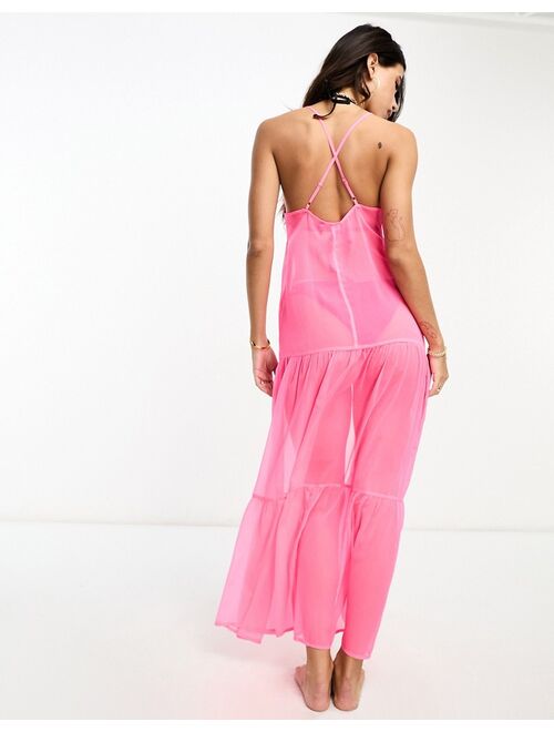 ASOS DESIGN tiered maxi beach cover up in neon pink