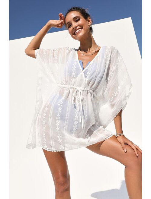 Lulus Sunniest Memories Ivory Embroidered Drawstring Swim Cover-Up