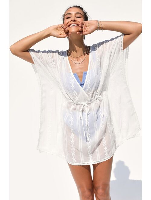 Lulus Sunniest Memories Ivory Embroidered Drawstring Swim Cover-Up