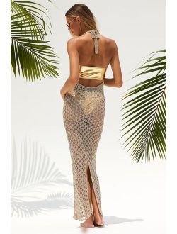 Shining Sands Gold Metallic Crochet Halter Maxi Swim Cover-Up