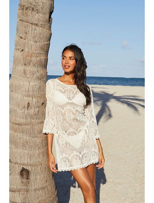 Lulus Beachcombing Beauty Ivory Crocheted Lace-Up Swim Cover-Up