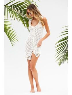 Summertime Staple White Crochet Button-Front Swim Cover-Up