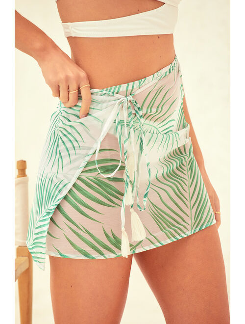 Lulus Cabo Cruise White and Green Palm Print Sarong Swim Cover-Up