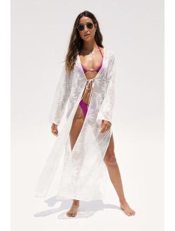 Tropical Aura Ivory Embroidered Long Sleeve Swim Cover-Up
