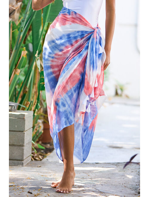 Lulus Feel the Groove Red Multi Tie-Dye Print Swim Cover-Up Scarf