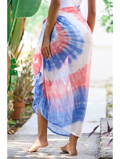 Lulus Feel the Groove Red Multi Tie-Dye Print Swim Cover-Up Scarf