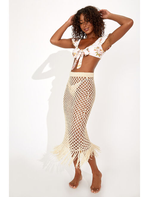 Lulus Sunshine and Fun Times Beige Crochet Fringe Swim Cover-Up Skirt