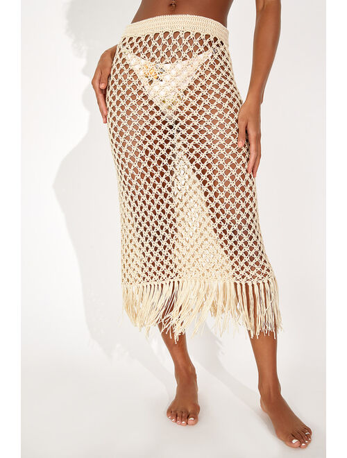 Lulus Sunshine and Fun Times Beige Crochet Fringe Swim Cover-Up Skirt