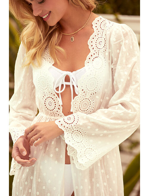 Lulus Blissfully Beachy White Embroidered Swiss Dot Maxi Swim Cover-Up