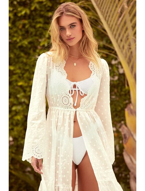 Lulus Blissfully Beachy White Embroidered Swiss Dot Maxi Swim Cover-Up