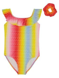 Big Girls One Piece Logo Print Ombre Swimsuit and Scrunchie, 2 Piece Set