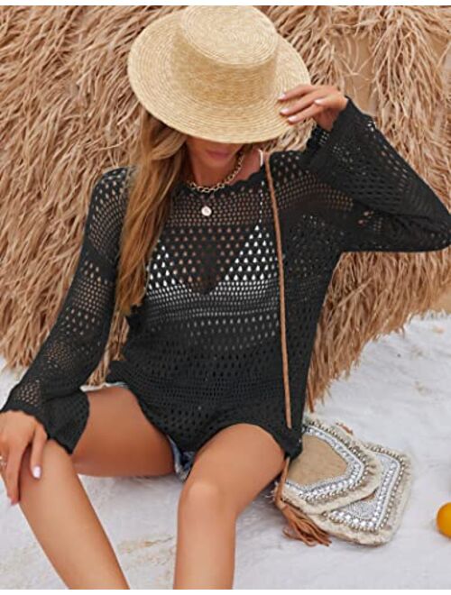 AOLRO Bathing Suit Cover Ups for Women Crochet Long Sleeve Swimsuit Hollow Out Bikini Coverup Tunic Top Beach Outfits S-XXL