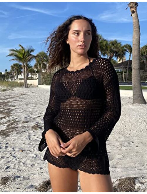 AOLRO Bathing Suit Cover Ups for Women Crochet Long Sleeve Swimsuit Hollow Out Bikini Coverup Tunic Top Beach Outfits S-XXL