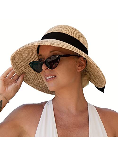 Comhats Womens Floppy Summer Sun Beach Straw Hat UPF50 Foldable Wide Brim 55-60cm