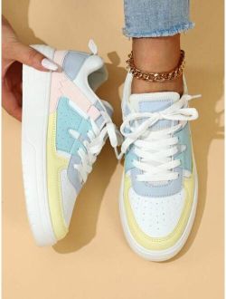 Women Colorblock Lace-up Front Skate Shoes, Sporty Sneakers