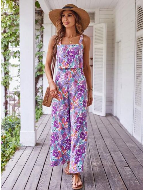 SHEIN VCAY Allover Floral Print Wide Leg Cami Jumpsuit