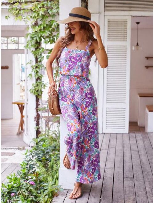 SHEIN VCAY Allover Floral Print Wide Leg Cami Jumpsuit