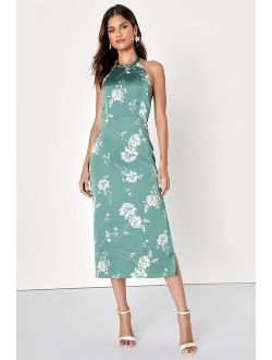 Stunning Chic Green Floral Print Halter Midi Dress