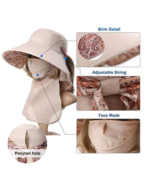 Comhats Summer Ponytail Flap UPF 50+ Cotton Sun Hat with Ponytail Hole Neck Face Cover for Women 55-61cm