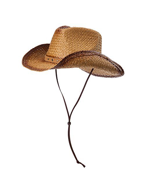 Comhats Western Style Round Cowboy Straw Hat Ladies Fedora Chin Cord Vegan Leather Band Shapeable Brim Beach Cowgirl