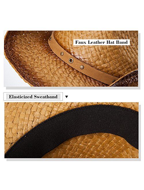 Comhats Western Style Round Cowboy Straw Hat Ladies Fedora Chin Cord Vegan Leather Band Shapeable Brim Beach Cowgirl